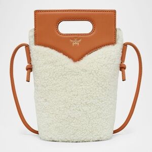 MCM Cream Shearling & Tan Leather Crossbody Bucket Bag